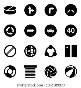 Solid vector icon set - pill vector, only forward right road sign, detour, circle, bus, minimal speed limit, no, globe, social, pause, chart, jalousie, volleyball, beach ball