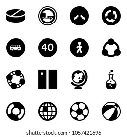 Solid vector icon set - pill vector, no trailer road sign, detour, circle, bus, minimal speed limit, pedestrian way, social, friends, pause, globe, round flask, chart, soccer ball, beach