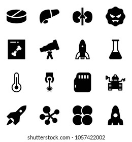 Solid vector icon set - pill vector, liver, kidneys, virus, x ray, telescope, rocket, flask, thermometer, laser, micro flash card, robot, molecule, atom core