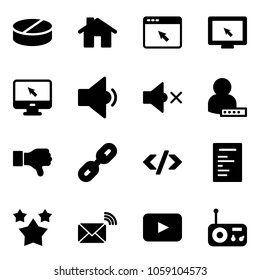 Solid vector icon set - pill vector, home, cursor browser, monitor, low volume, off, user password, dislike, link, tag code, document, stars, wireless mail, playback, radio