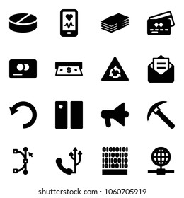 Solid vector icon set - pill vector, mobile heart monitor, dollar, credit card, cash, round motion road sign, opened mail, undo, pause, loudspeaker, rock axe, bezier, phone, binary code, globe