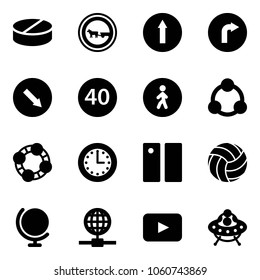 Solid vector icon set - pill vector, no cart horse road sign, only forward, right, detour, minimal speed limit, pedestrian way, social, friends, time, pause, volleyball, globe, playback, ufo toy