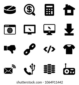 Solid vector icon set - pill vector, money click, calculator, home, browser globe, monitor cursor, download, dislike, link, tag code, t shirt, wireless mail, phone, carbon, radio