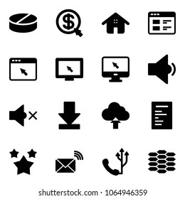 Solid vector icon set - pill vector, money click, home, website, cursor browser, monitor, low volume, off, download, upload cloud, document, stars, wireless mail, phone, carbon