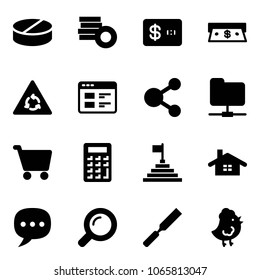 Solid vector icon set - pill vector, coin, credit card, cash, round motion road sign, website, share, network folder, cart, calculator, pyramid flag, home, chat, magnifier, rasp, chicken toy