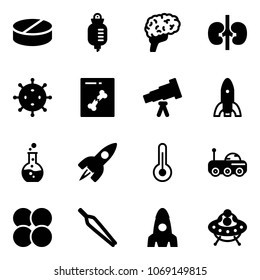 Solid vector icon set - pill vector, drop counter, brain, kidneys, virus, x ray, telescope, rocket, round flask, thermometer, moon rover, atom core, forceps, ufo toy