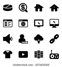 Solid vector icon set - pill vector, money click, home, website, browser globe, monitor cursor, low volume, user password, upload cloud, link, t shirt, playback, carbon, radio