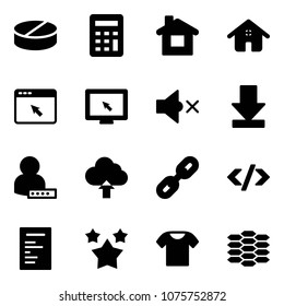 Solid vector icon set - pill vector, calculator, home, cursor browser, monitor, volume off, download, user password, upload cloud, link, tag code, document, stars, t shirt, carbon