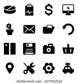 Solid vector icon set - pill vector, pulse clipboard, dollar, monitor cursor, flower pot, mail, folder, undo, pause, save, camera, basket, navigation pin, wrench screwdriver, gear, car toy