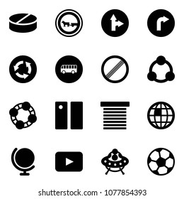 Solid vector icon set - pill vector, no cart horse road sign, only forward right, circle, bus, limit, social, friends, pause, jalousie, globe, playback, ufo toy, soccer ball