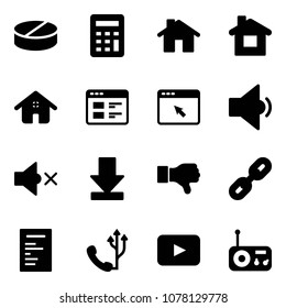 Solid vector icon set - pill vector, calculator, home, website, cursor browser, low volume, off, download, dislike, link, document, phone, playback, radio