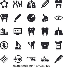 Solid vector icon set - pill packaging flat vector, vial, thermometer, pipette, computer diagnostics of health, hospital, microscope, eye, ambulance, helicopter, embryo, breast, chromosomes, sperm