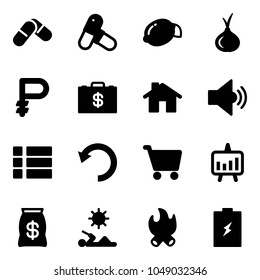 Solid vector icon set - pills vector, lemon, onion, ruble, money case, home, volume medium, menu, undo, cart, presentation chart, bag, reading, fire, battery