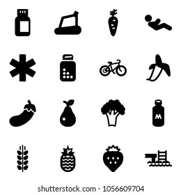 Solid vector icon set - pills bottle vector, treadmill, carrot, abdominal muscles, ambulance star, bike, banana, eggplant, pear, broccoli, milk, spice, pineapple, strawberry, pool