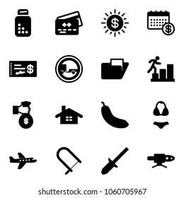 Solid vector icon set - pills bottle vector, credit card, dollar sun, calendar, check, no trailer road sign, folder, career, rich, home, banana, swimsuit, plane, fretsaw, clinch, pipe welding