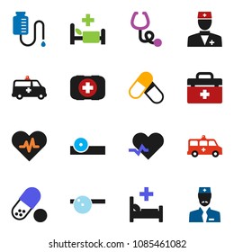 solid vector icon set - pills vector, first aid kit, doctor bag, heart pulse, stethoscope, eye hat, hospital bed, amkbulance car, drop counter