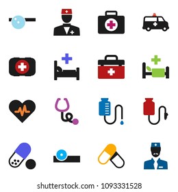 solid vector icon set - pills vector, first aid kit, doctor bag, heart pulse, stethoscope, eye hat, hospital bed, amkbulance car, drop counter