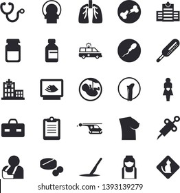 Solid vector icon set - pills flat vector, vial, syringe, hospital, stethoscope, clipboard, briefcase, medical analysis, injury, ambulance, ultrasound, helicopter, embryo, tomograph, gestation