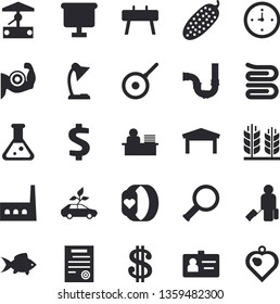 Solid vector icon set - pipes flat vector, teflon, towel, cucumber, fish, well, manufactory, eco cars, warehouse, dollar, flipchart, clock, badge, reading lamp, office worker, contract, flask, ear