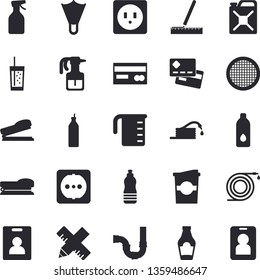 Solid vector icon set - pipes flat vector, sockets, measure, meashuring cup, sieve, ketchup, soda, coffe, mustard, pulverizer, hose, canister, credit card, stapler, water, indentity fector, flippers