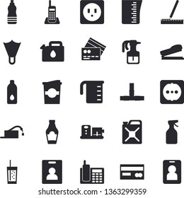 Solid vector icon set - pipes flat vector, sockets, measure, meashuring cup, food processor, ketchup, soda, coffe, pulverizer, hose, canister, credit card, telephone, stapler, water, flippers, pass