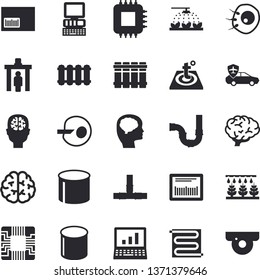 Solid vector icon set - pipes flat vector, warm floor, heating batteries, sprinkling machine, autopilot, pipe production, motherboard, barcode, artificial insemination, computer, brain, fector