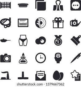 Solid Vector Icon Set - Pipes Flat Vector, Sockets, Putty Knife, Fence, Frying Pan, Egg, Hot Dog, Scrambled Eggs, Watering Can, Factory, Present, Barcode, Sticker, Pen, Gas Burner, Brain Fector