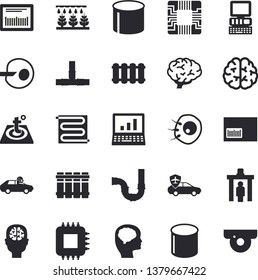 Solid vector icon set - pipes flat vector, warm floor, heating batteries, sprinkling machine, autopilot, pipe production, motherboard, barcode, artificial insemination, computer, brain, fector