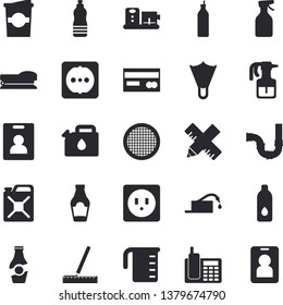 Solid vector icon set - pipes flat vector, sockets, measure, meashuring cup, food processor, sieve, ketchup, coffe, mustard, pulverizer, hose, canister, credit card, telephone, stapler, water, pass