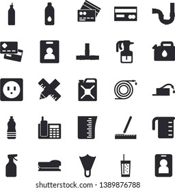 Solid vector icon set - pipes flat vector, sockets, measure, meashuring cup, soda, mustard, pulverizer, hose, canister, credit card, telephone, stapler, water, indentity fector, flippers, pass