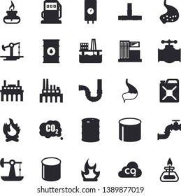 Solid vector icon set - pipes flat vector, boiler, bonfire, oil production platform, pumping, main pipeline, gas station, refueling, tanks, plant, canister, carbon dioxide, pipe, stomach, burner