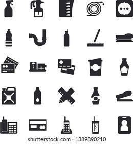 Solid vector icon set - pipes flat vector, sockets, measure, meashuring cup, food processor, ketchup, soda, coffe, mustard, pulverizer, hose, canister, credit card, telephone, stapler, water, fector