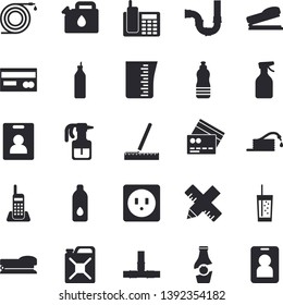 Solid vector icon set - pipes flat vector, sockets, measure, meashuring cup, soda, mustard, ketchup, pulverizer, hose, canister, credit card, telephone, stapler, water, indentity fector, pass