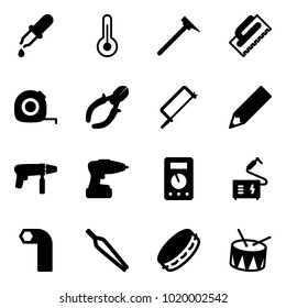 Solid vector icon set - pipette vector, thermometer, mason hammer, trowel, measuring tape, side cutters, metal hacksaw, pencil, drill machine, multimeter, welding, allen key, forceps, tambourine