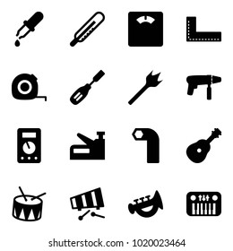 Solid vector icon set - pipette vector, thermometer, floor scales, corner ruler, measuring tape, chisel, wood drill, machine, multimeter, stapler, allen key, guitar, drum, xylophone, horn toy, piano