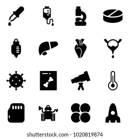 Solid vector icon set - pipette vector, drop counter, lab, pill, liver, heart, bladder, virus, x ray, telescope, thermometer, micro flash card, robot, atom core, rocket