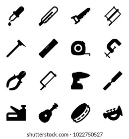 Solid vector icon set - pipette vector, thermometer, saw, bucksaw, mason hammer, level, measuring tape, clamp, side cutters, metal hacksaw, drill, rasp, stapler, guitar, tambourine, horn toy