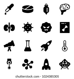 Solid vector icon set - pipette vector, pill, drop counter, brain, kidneys, virus, x ray, telescope, flask, rocket, thermometer, laser, molecule, ufo toy