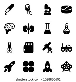 Solid vector icon set - pipette vector, drop counter, lab, pill, brain, kidneys, flask, round, thermometer, micro flash card, satellite, moon rover, rocket, atom core, ufo toy