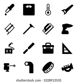 Solid vector icon set - pipette vector, floor scales, thermometer, saw, bucksaw, mason hammer, trowel, drill, welding, rasp, tool box, corner ruler, laser lever, allen key, tambourine, horn toy