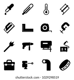 Solid vector icon set - pipette vector, thermometer, bucksaw, trowel, corner ruler, measuring tape, clamp, wood drill, machine, jig saw, welding, tool box, laser lever, allen key, tambourine