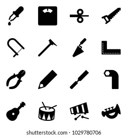 Solid vector icon set - pipette vector, floor scales, steel rolling, saw, fretsaw, mason hammer, trowel, corner ruler, side cutters, pencil, rasp, allen key, guitar, drum, xylophone, horn toy