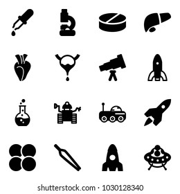 Solid vector icon set - pipette vector, lab, pill, liver, heart, bladder, telescope, rocket, round flask, robot, moon rover, atom core, forceps, ufo toy