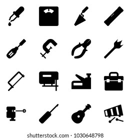 Solid vector icon set - pipette vector, floor scales, trowel, level, chisel, clamp, side cutters, wood drill, metal hacksaw, jig saw, stapler, tool box, laser lever, awl, guitar, xylophone