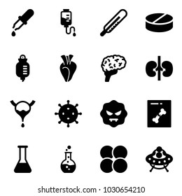 Solid vector icon set - pipette vector, drop counter, thermometer, pill, heart, brain, kidneys, bladder, virus, x ray, flask, round, atom core, ufo toy