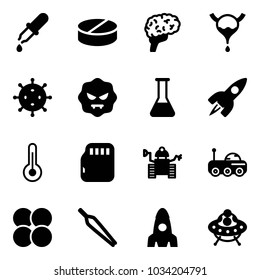 Solid vector icon set - pipette vector, pill, brain, bladder, virus, flask, rocket, thermometer, micro flash card, robot, moon rover, atom core, forceps, ufo toy