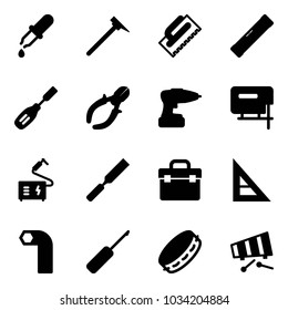 Solid vector icon set - pipette vector, mason hammer, trowel, level, chisel, side cutters, drill, jig saw, welding, rasp, tool box, corner ruler, allen key, awl, tambourine, xylophone