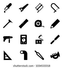 Solid vector icon set - pipette vector, saw, bucksaw, fretsaw, mason hammer, level, measuring tape, pencil, drill machine, multimeter, welding, rasp, corner ruler, allen key, forceps, horn toy