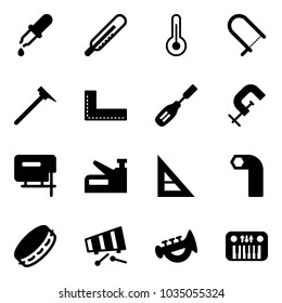 Solid vector icon set - pipette vector, thermometer, fretsaw, mason hammer, corner ruler, chisel, clamp, jig saw, stapler, allen key, tambourine, xylophone, horn toy, piano