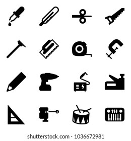 Solid vector icon set - pipette vector, thermometer, steel rolling, saw, mason hammer, trowel, measuring tape, clamp, pencil, drill, welding, stapler, corner ruler, laser lever, drum, toy piano